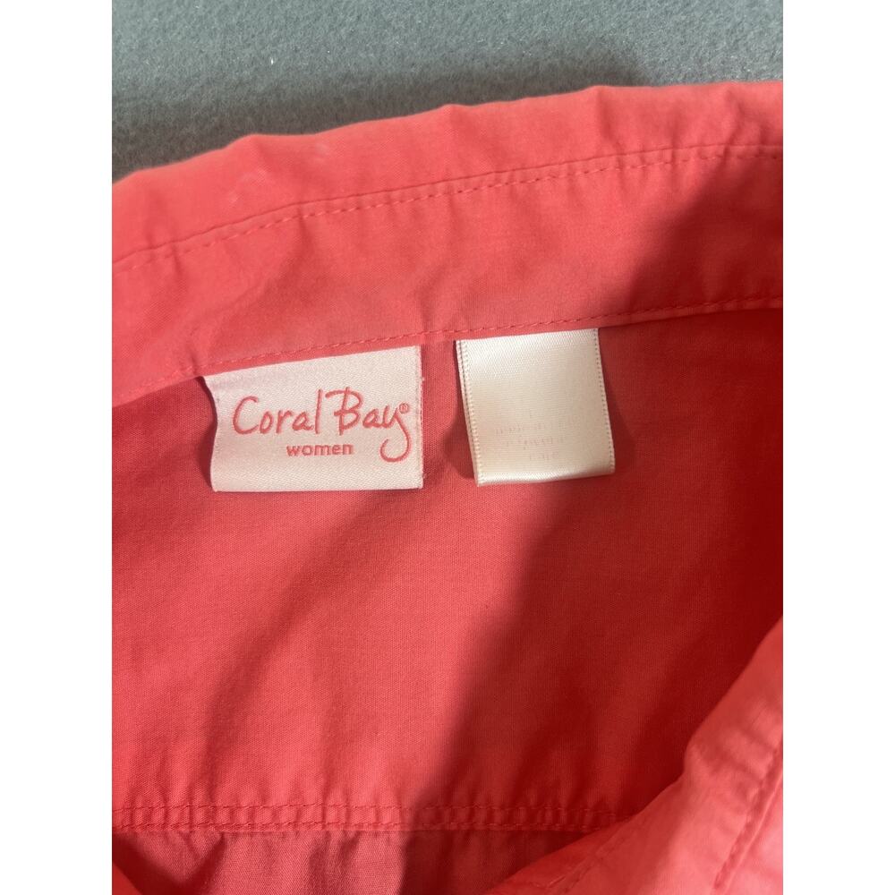Size L -Coral Bay Women’s Button Front Shirt Coral/Red Roll-Tab Long Sleeves